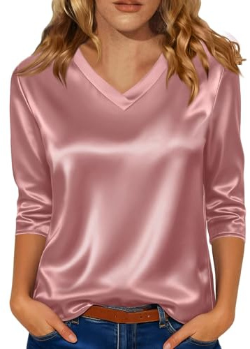 HUIFUAO – Haut en satin à manches 3/4 pour femme, grande taille, col en V, habillé, travail, travail, affaires, décontracté, tendance, élégant, fête, soirée, sortie