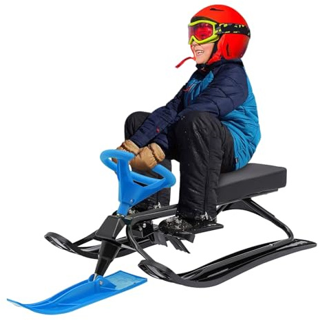 Trineo con 2 frenos de pie, trineo con volante para niños a partir de 7 años y adultos, máx. 100 kg, trineo infantil Skibob, 114 x 50 x 38 cm (negro y azul)
