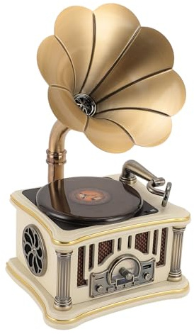 MENDUNER Haut-Parleur Bluetooth Gramophone Vintage, Design Rétro avec Double Haut-parleurs Haute fidélité, Radio FM avec Télécommande, pour la Décoration de la Maison et Le Divertissement (White)