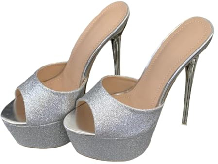 Sandalias de Plataforma con Punta Abierta y Brillo Plateado para Mujer | Sandalias de tacón aguja delgado de 16CM Sky High, para actuaciones en club y salidas nocturnas
