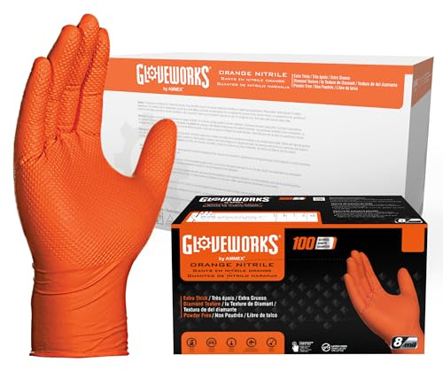 GLOVEWORKS Orange Nitrile Work Gloves, 8 Mil Disposable Heavy Duty, Raised Diamond Grip Mechanic Glove, Medium, Case of 1000