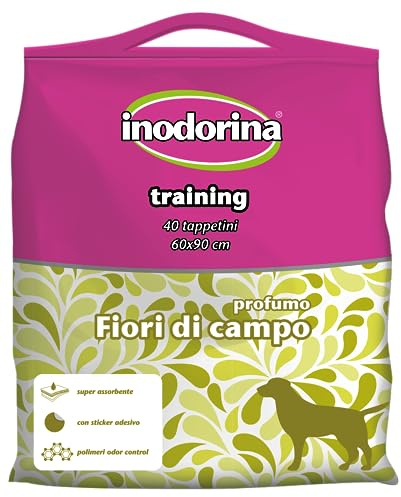 Inodorina, 40 Tappetini Igienici per Cani 60x90 cm, Profumo Fiori di Campo | Traversine Monouso, Impermeabili e Assorbenti, con Sticker Adesivo