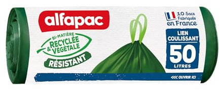 alfapac -10 sacs-poubelle 50L à lien coulissant résistant - fabriqués en France - bi-matière recyclée & végétale