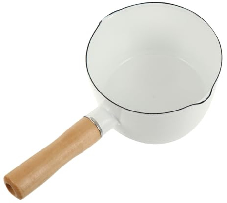 Cabilock Enamel Milk Pot 9.44 Inch Small Saucepan with Wooden Handle Dual Pour Spouts for Heating Milk Soup and Sauce Dishwasher Safe