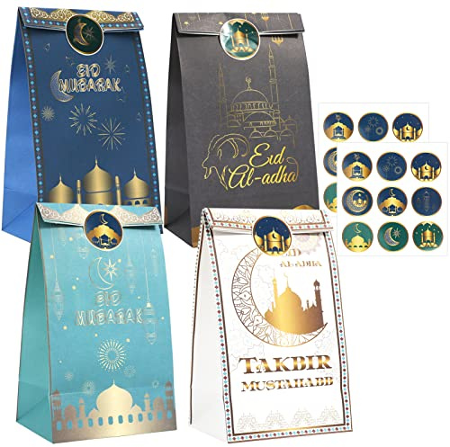DPKOW 12 Stück Eid Mubarak Geschenktüten mit Aufkleber, Kraftpapier Muslim Ramadan Partytüten für Eid Geschenk Verpackung, Islamische Süßigkeiten Bonbons Tüten Eid al-Fitr Schokolade Behandeln Tüten