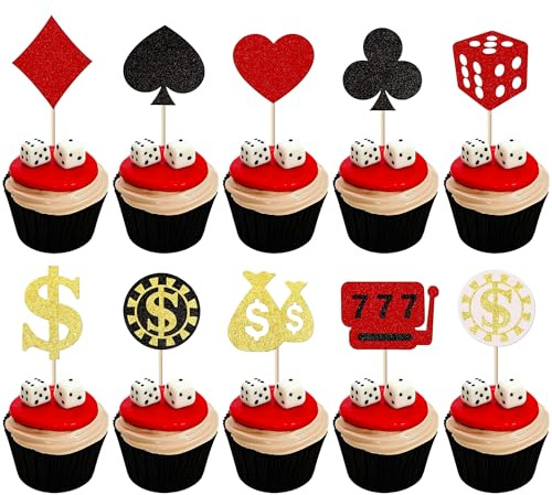 SYKYCTCY 30 Pack Casino Cupcake toppers Glitter Poker Heart Cupcake Picks Gambling Cupcake toppers Las Vegas Casino Night Theme Birthday Party Cake Decorations Supplies