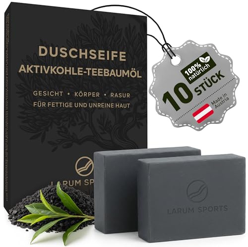 larum sports Schwarze Seife – gegen Akne und Pickel, 10x 85 g | feste Duschseife Männer, Aktivkohle Seife, African Black Soap, Teebaumöl, vegan, Körperseife auch für empfindliche Haut