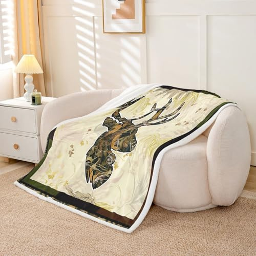 Erosebridal Hunting Deer Bed Blanket Twin 60X80 Woodland Camo Antler Fleece Blanket Western Rustic Farmhouse Throw Blanket for Cabin Lodge,Nature Conifer Oak Branch Flannel Blanket for Sofa Couch