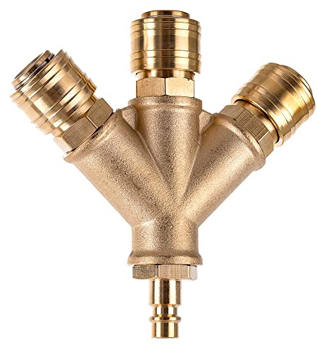 Druckluftverteiler 3-fach mit Kupplungen, 1/2-Zoll Luftschlauch Schnellkuppler Verteiler, Messing Kupplungsstecker