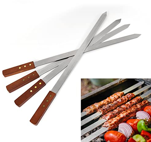 WARESHARK 4 spiedini piatti per kebab in acciaio inox, grandi spiedini per barbecue turchi, resistenti e riutilizzabili, perfetti per kebab, kebob, shish, 24 mm di larghezza