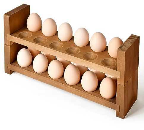 Double Layer Egg Tray Holder Countertop - Wooden Fresh Egg Rack Stackable Storage Basket, 2 Tier Egg Organizer for Farmhouse Kitchen Refrigerator