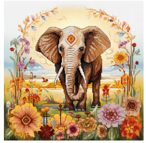 cukol cukol Kreuzstich Set Vorgedruckt Erwachsene, Stickbilder 46x46 cm | Stickpackungen mit 11ct, Kreatives Bastelset Hobby zum Sticken für Frauen, Stickset für Diy Home Deko, Tier Elefant Motiv