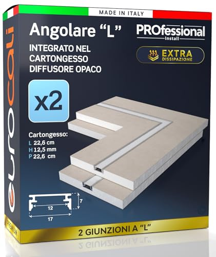 Eurocali Profilo Alluminio per Strisce LED Integrato nel Cartongesso - Forma L - spessore 12,5mm - Facile da Montare con Gomma di Protezione per Stuccatura - Pacco da 2 pezzi