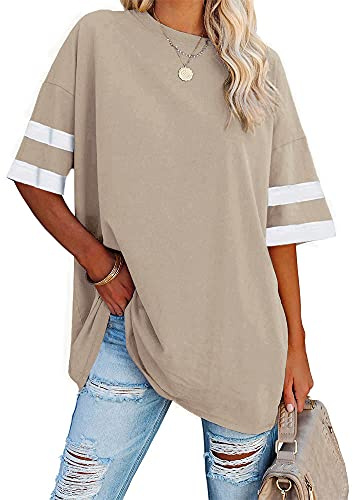 Ebifin Damen Oversize T Shirt Rundhals Kurzärmeliges Tops Casual Lockere Basic Sommer Tee Shirts Bluse.Khaki.XL