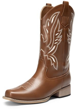 DREAM PAIRS Stivali da cowboy da donna a metà polpaccio stivali da cowgirl ricamati punta quadrata stivali western, Marrone 1, 37 EU