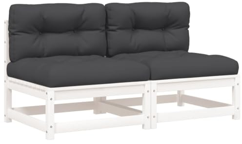 vidaXL Gartensofa ohne Armlehnen 2 STK., Modular Sofa mit Kissen, Gartensessel mit Lattenrost, Relaxsessel Lounge Sessel Gartenmöbel, Weiß Kiefernholz
