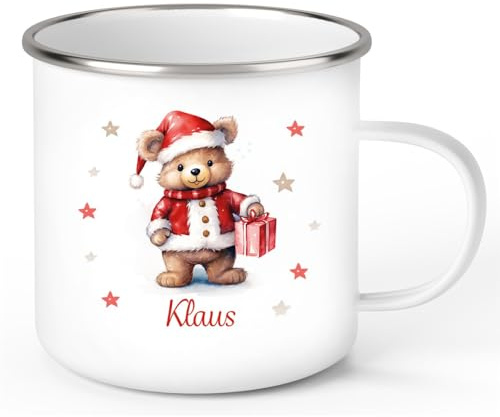Tasse Wunschname Weihnachten Teddy Sterne Emaille Kinderbecher