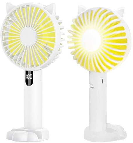 Mini Portable Hand Held Fan, Night Light Handheld USB Rechargeable Fans with 5 Speeds, Cute Cat Design Small Desktop Fans with Digital Display Screen for Home Office Bedroom Outdoor Travel (White)