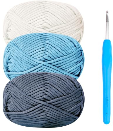 Tjockt bomullsgarn för nybörjare – tjock ull 3 x 50 g Amigurumi-garn med 4 mm virkkrok, enkel startsats i blått