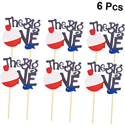 Alipis 6pcs Unique Fishing Cake Picks Party Cupcake Topper Themed Decor for Birthday Cake Safe Paper Material