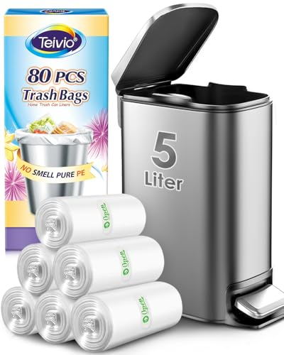 Teivio 5 Liter Small Bin Bags 80 Counts Pedal Bin Liners Thick Plastic Waste Bags for Bathroom, Kitchen, Office, Fit 3,5,6L Rubbish Bin, Clear