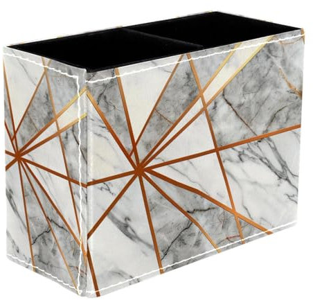 FNETJXF Stifthalter für Schreibtisch, Make-up-Pinselhalter, Organizer, veganes Leder, Fernbedienungs-Caddy, grauer Marmor, goldene geometrische Linien, Mehrzweck-Organizer