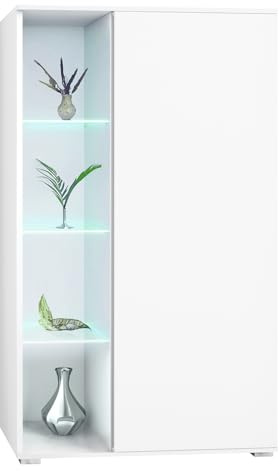 Vladon Vitrine Davos, Made in Germany, Standvitrine mit 3 Glasböden und 8 Fächer inkl. LED, Weiß matt/Weiß matt (71,5 x 134 x 35 cm)