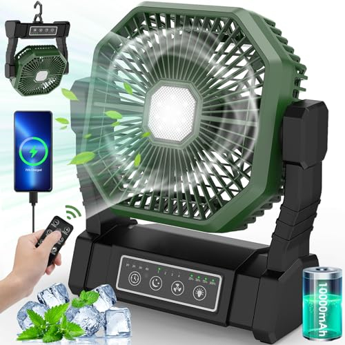 BIBURY Ventilatore da Campeggio con Luce LED, 10000mAh Ventilatore da Tavolo, Ventilatore Portatile Ricaricabile con Gancio e Telecomando, Ventilatore USB da Scrivania per Casa Esterno Campeggio