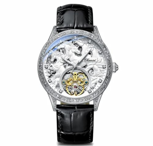 DAXIAOYU Lyxig Tourbillon mekanisk klocka för män, underbart ihåligt skelettmönster snidade självuppdragande automatiska klockor lysande vattentät vintage läderrem armbandsur, SILVER, Lyx