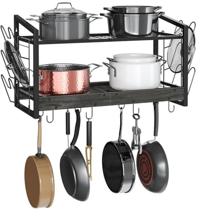 CHOEZON Hanging Pot Rack, Pot Rack Wall Mounted, 2-Tier Kitchen Pots and Lids Organizer, Wall-Mounted Pots and Pans Organizer with 12 Hooks, for Kitchen Storage of Boilers, Pans, Black DTPR02BC