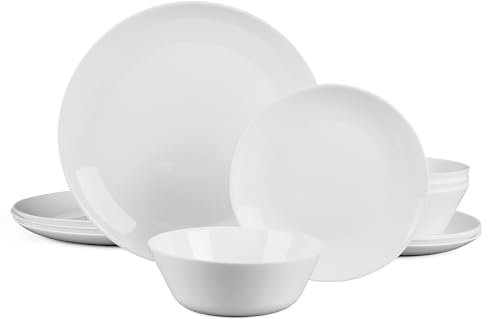 LaGlint Verre Opale Service de Table 12 Pièces pour 4 Personnes Blanche, 4 Assiettes Plates, 4 Assiettes à Salade, 4 Bol à Céréale, Empilabe et Passe au Lave-vaisselle