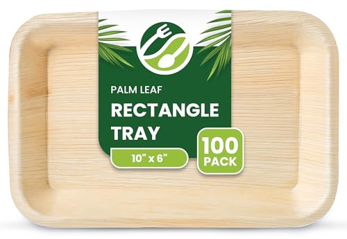 ECO Leaf 100 Disposable Palm Leaf Serving Platters, Medium Rectangle 10 x 6 (24cm x 15cm), Trays for Cafes, Restaurants, Catering, Like Wooden Plates | Sturdy Eco-Friendly Hot Food Party Trays