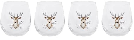 YöL Set Of 4 Christmas Glass Tumbler Stag Nutcracker Design Cup Xmas Table Decor