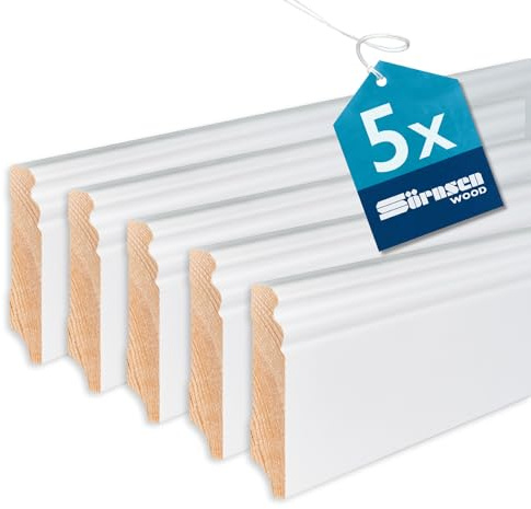 Sockelleiste Kiefer – 16x80x2400 mm, 5 Stück, weiß RAL 9016 lackiert | Sörnsen Wood Sockelleiste – hochwertige Fußleisten mit Altdeutschem Profil – Beste Qualität hergestellt in Norddeutschland