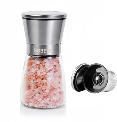 Salt and Pepper Grinder with Adjustable Non-Corrosive Ceramic Grinder and 304 Stainless Steel,Glass and Stainless Steel Spice Mills with Adjustable Coarseness - Easy to Use and Fill - Large Capacity