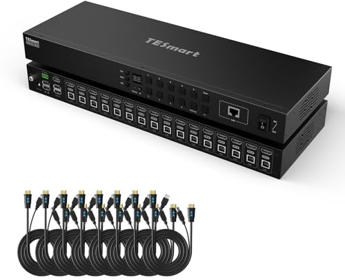 TESmart Conmutador KVM HDMI de 16 puertos 4K a 30Hz, 16X1 1U Montaje en rack KVM USB2.0 EDID Emulador con 8 cables KVM de 5 pies, control de hasta 16 computadoras/servidores, con puerto RS232 y LAN
