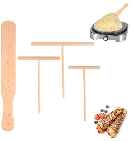 4-Teilig Crepes Verteiler, Profi Crepes Wender Zubehör Crepes Set,Crepes Verteiler aus Buchenholz,T-Form Crepes Maker zubehör,Teigverteiler für Crepes,Crepe Schieber Backwerkzeuge für Pfannkuchen