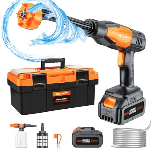 SEALIGHT Cordless Pressure Washer Portable Power Washer, 970PSI Portable Car Washer with 3.0Ah Battery 6-in-1 Nozzle Carry Box Battery Operated Power Washer for Cars, Fences, Patio, Bikes Cleaning