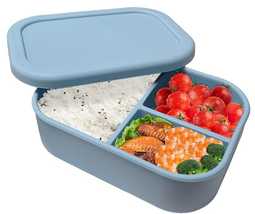 Fiambrera de silicona sin BPA, resistencia al frío y resistencia al calor, caja bento resistente a roturas y a prueba de fugas, se puede limpiar en el lavavajillas y el microondas, 900 ml (azul)