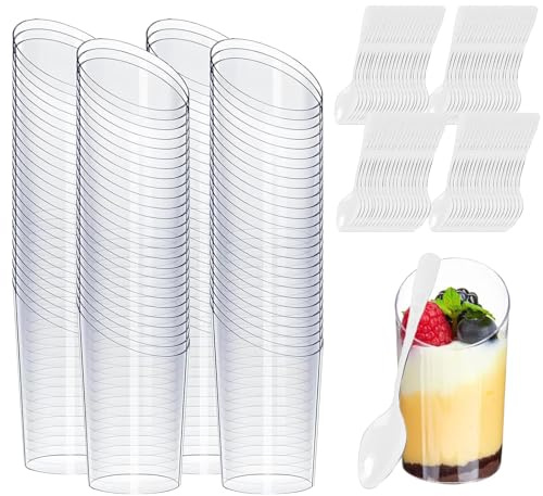 DYUEE 80Pcs Mini Angled Dessert Cups with 80 Spoons, 75ml Reusable Bowls | Clear Parfait Appetizer Cups for Pudding Mousse Party (8.4 x 4cm)
