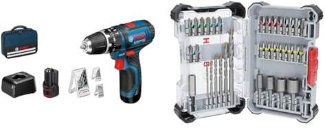 Bosch Professional 12V System Akku Schlagbohrschrauber GSB 12V-15 (Bohr-Ø Holz max: 19 mm, inkl. Akku + Ladegerät) + 35x Extra Hard Schrauberbit‑ und CYL-3 Bohrer-Set, 35‑tlg. (197 x 110,5 mm)