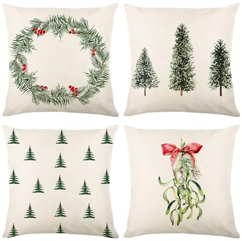 4er Set Kissenbezug Weihnachten - 45x45 Weihnachtsdeko Outdoor Innen Weihnachtskissen, Leinen Kissen Weihnachten Weinachtsdekorationen, Kissenbezüge Weihnachte für Aussen Couch Wohnzimmer Garten Room