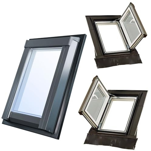 Set für SkyLight Kunststoff Dachausstiegsfenster Loft mit 2-fach Verglasung, energieeffizient, Drehfenster mit Eindeckrahmen, Wärmedämmung Ug 0,5–1,1 W/m²K, 45 x 73 cm LINKS für Dachbodenausbau