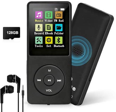 Lecteur MP3 128 Go avec Bluetooth 5.0, lecteur de musique numérique portable COVVY avec haut-parleur HD intégré, radio FM, fonction e-book, écouteurs inclus (Noir)