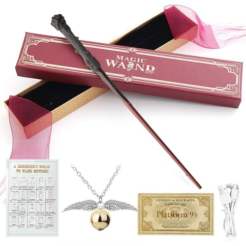PLLYPE Harry Potter Wand, 38CM Magic Wand, Wizard Wand Halloween Dress Up Accessory, Magic Wand for Wizards and Sorcerer's Apprentices with Snitch necklace, Spell table, Train ticket