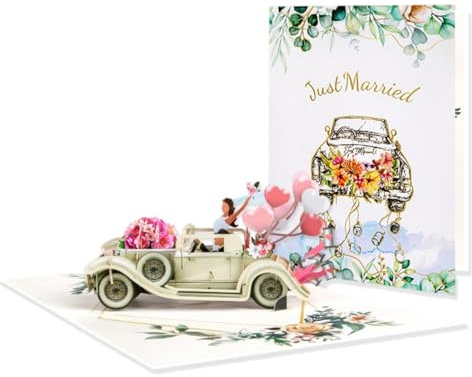 Pop-Up Karte Hochzeit Hochzeitsauto, Edle 3D Hochzeitskarte für Brautpaar, Glückwunschkarte zur Hochzeit, Gutschein für Hochzeitsreise & Geldgeschenk, Flitterwochen Geschenk, für Frau Männer
