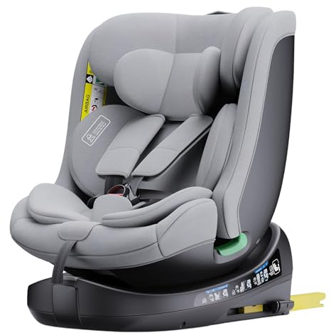 Kindersitz i-Size R129 Kindersitz, 0 bis 12 Jahre 40 bis 150 cm, 360° drehbar | ISOFIX | Gruppe 0+1/2/3 Kindersitzerhöhung, Armlehnen und Kopfstütze höhenverstellbar (Grey)