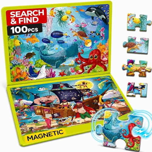 QUOKKA Magnetpuzzles für Kinder 4 5 6 Jahren – Magnetisches Such und Find Puzzlebuch - 2 Set 100 Teile Puzzles – Reisefreundliches Puzzle mit Meerestieren und Piraten – Pädagogisches Puzzle ab 5