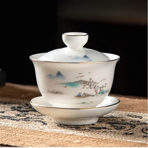 LEEDJUINE Mutton-fat Jade White Ceramics Gaiwan con confezione regalo, 120 ml, set da tè in stile antico