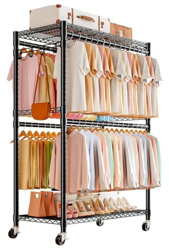 KZOBYD Kleiderstange mit 4 Stangen, robuste rollende Kleiderstange Kleiderständer mit Ablagefächern, offene Garderobe Schrank Kleiderstange mit Rädern & 2 Paar seitliche Haken, Schwarz